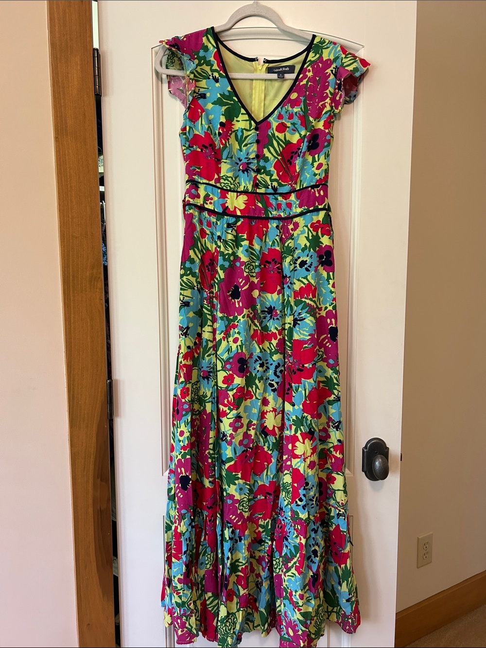 ModCloth Neon Floral V-Neck Dress with Black Trim. Beautiful tropical look